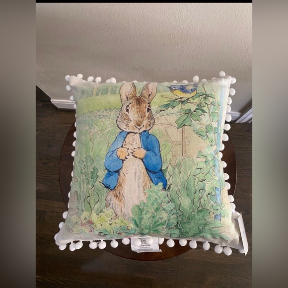 Peter Rabbit by Beatrix Potter Square Decorative Pillow adorable white pom trim